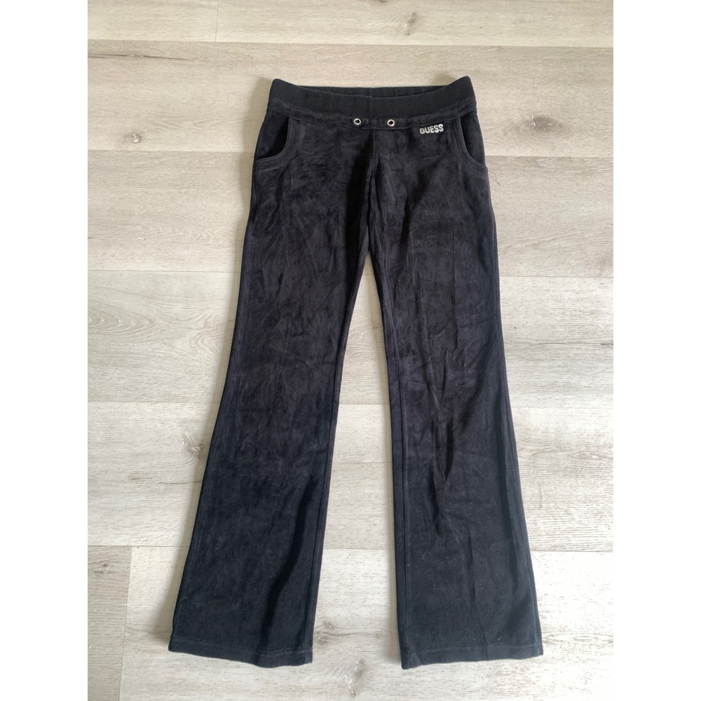 Guess Black Velour Track Pants Y2K Flare Leg Rhinestone Logo Womens S